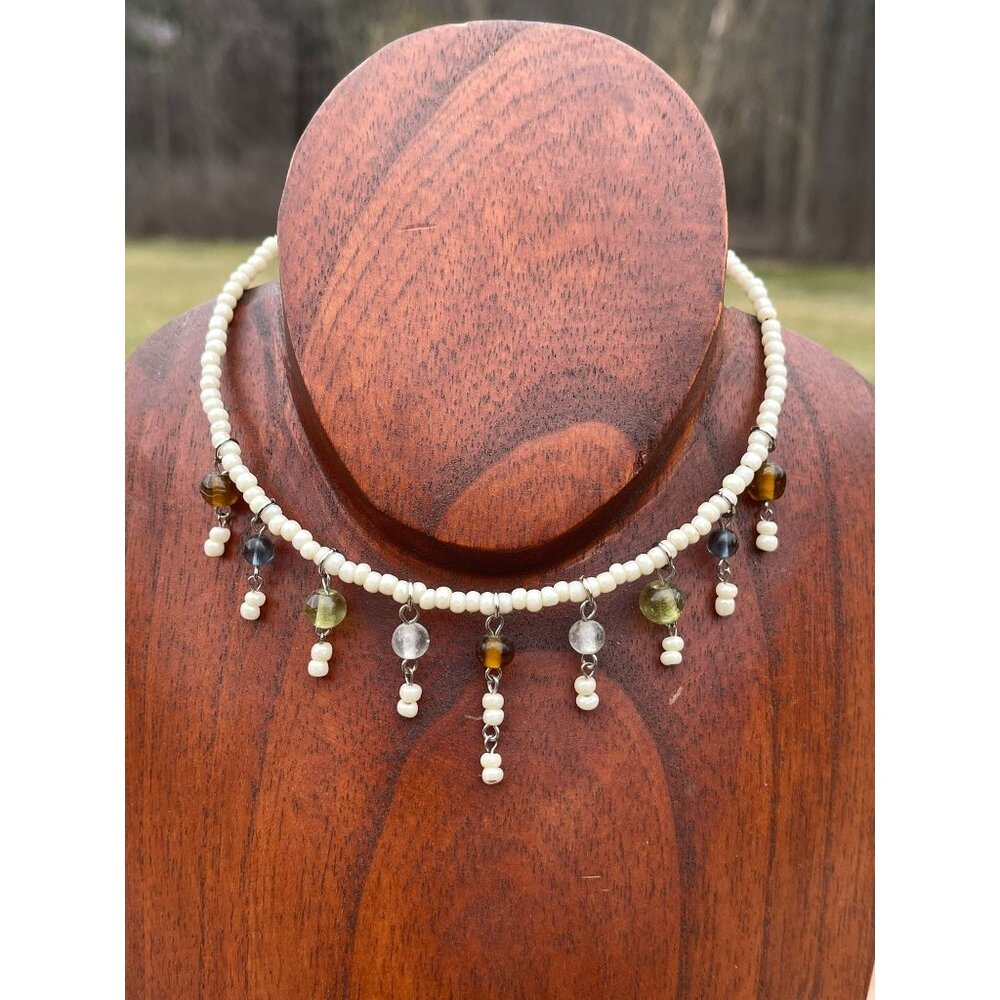 Vtg 1980's Multi Colored Beaded Choker Necklace Adjustable White Beaded Necklace